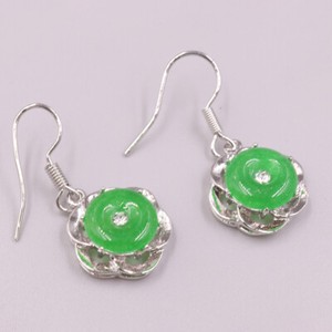 Gold Plated Heated Green Safe- Circle Jade Dangle Earrings 30Mm H