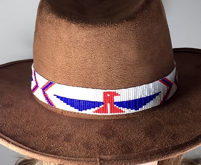 HANDMADE BEADED RED BLUE WHITE PATRIOTIC HATBAND NATIVE STYLE  BEAD WORK H54/1