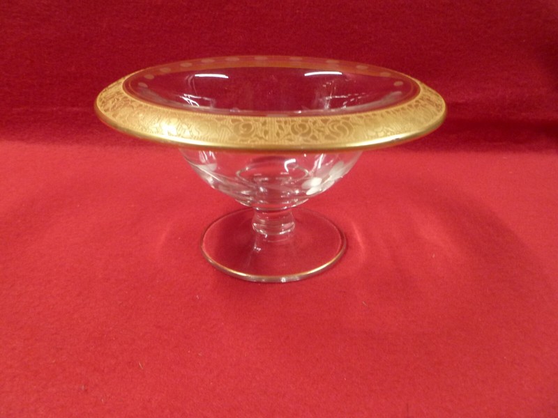 Vintage  Glass  Pedestal Candy Dish with Gold Flower Rim  6.25" dia x 3.75" tall