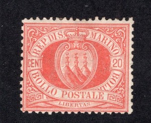 San Marino 1877 20c vermillion Arms, Scott 11 MH, value = $45.00