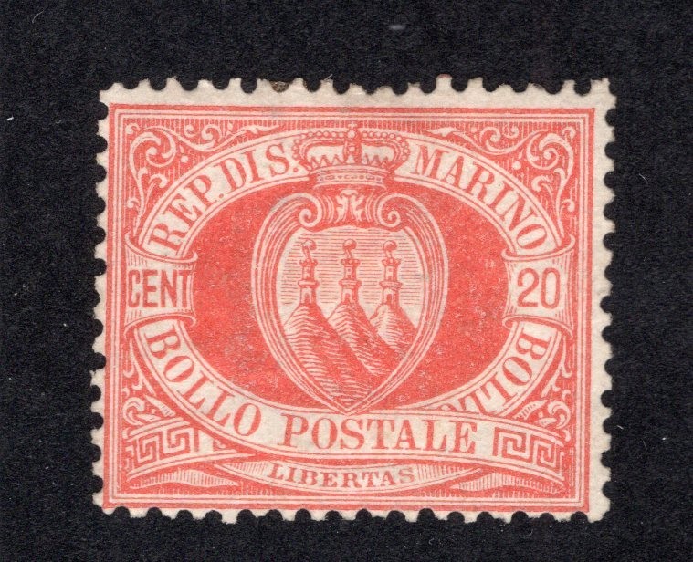 San Marino 1877 20c vermillion Arms, Scott 11 MH, value = $45.00