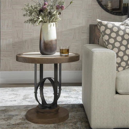 Uttermost Sydney 24" Round Metal Wood Stone Top Accent Table in Light Oak - Picture 5 of 6