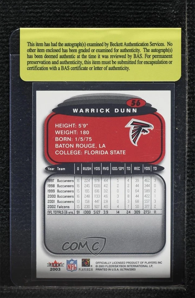 BAS 2003 Fleer Ultra Warrick Dunn #56 Authentic Auto - Image 2 of 2
