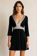 EXPRESS Dress XS Babydoll Empire Waist Mini Black Silver V-Neck Y2K 90s Inspo