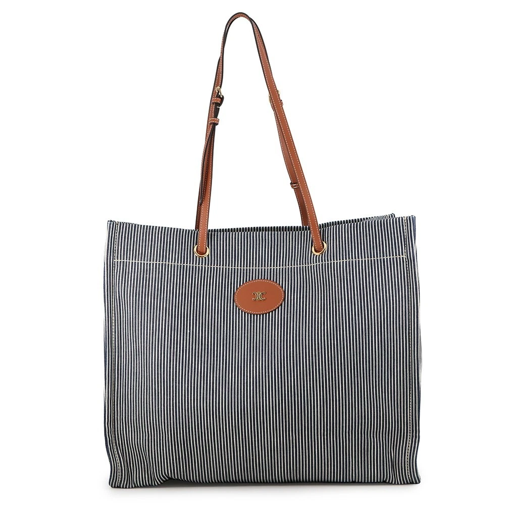 Celine — CELINE Square Cabas Stripe Tote Bag Canvas/Calf Leather Navy/Tan 192802CHD.07AT