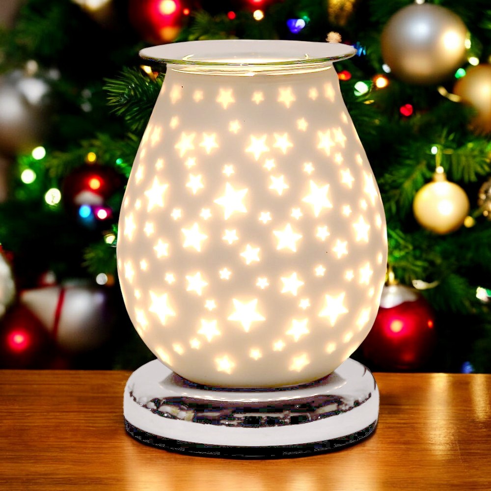 Oil Burner Wax Warmer Touch Control Aroma Lamp White Satin Glass Christmas Stars-image