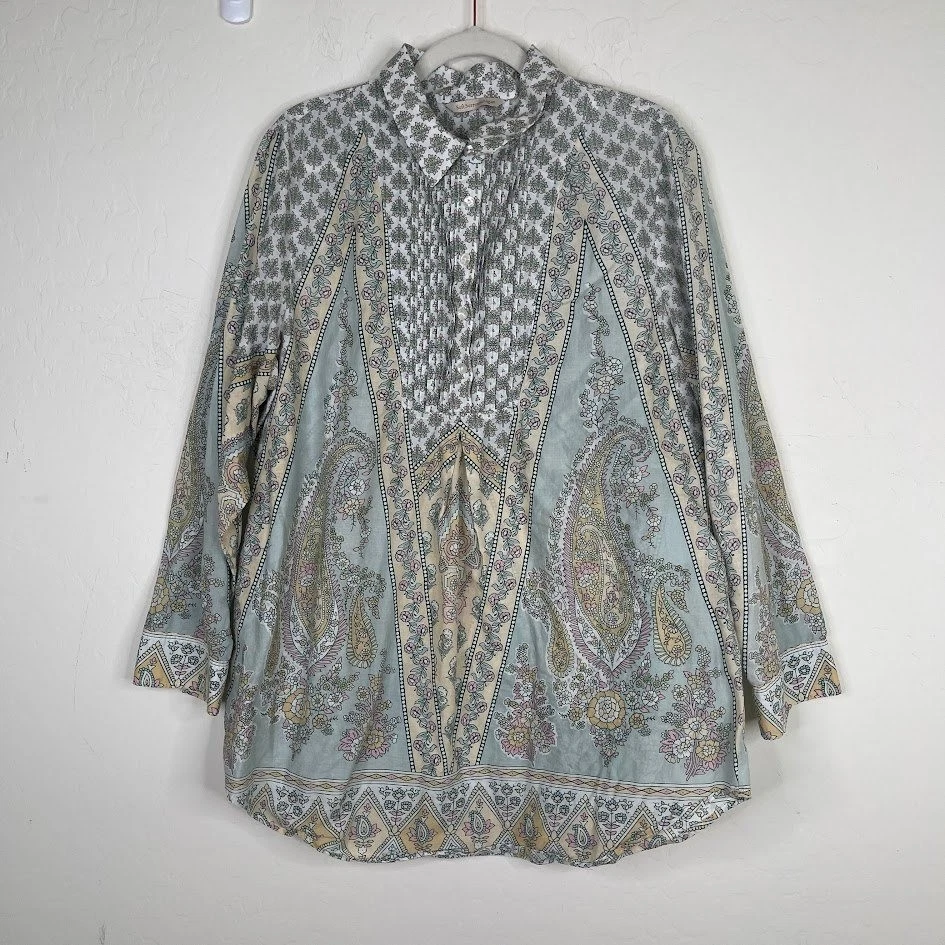 Blusa Top Boho Cotta Soft Surroundings Tabitha Paisley Botón Algodón Talla 1X Foto 2 de 4