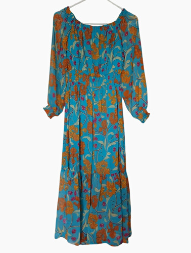 Sofia by Sofia Vergara Maxi Dress XS Blue/Orange Floral Off Shoulder Chiffon