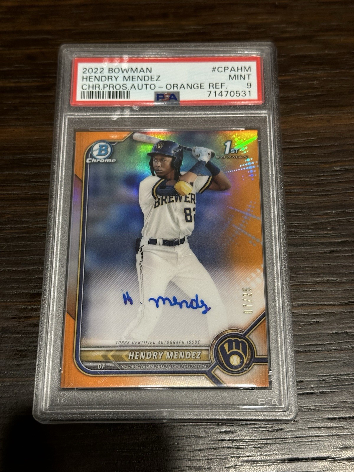 2022 Bowman Chrome 1st  Hendry Mendez Orange  Refractor  07/25 Auto PSA 9