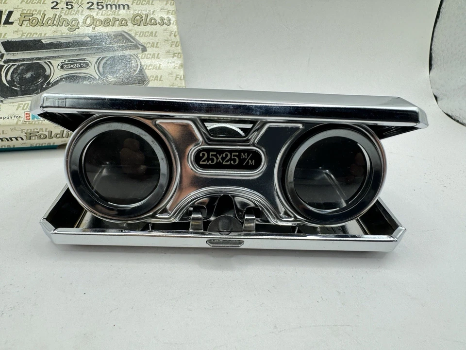 Vtg 2.5 x 25 M/M FOCAL Folding Opera Glasses Theater Binoculars w/ Box Metallic - Image 2 of 4