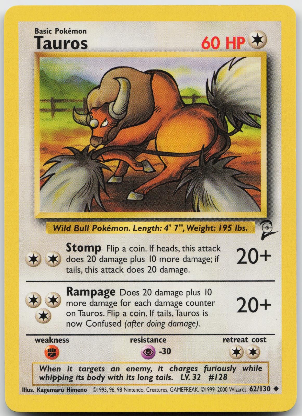 Tauros 62/130 Uncommon Base Set 2 Pokemon Near Mint