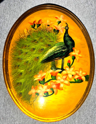 Vintage Oval Picture of a Peacock & Flowers, Convex Wall Art, 18.5'' x 15''