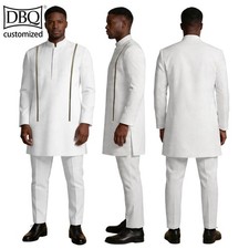 African Men's Custom Made Solid Hidden Button Jacket Pants 2 Pieces Casual Set
