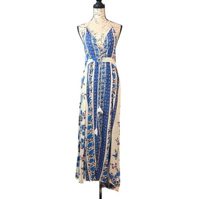 NLW Current Fashions Floral Maxi Dress Large Blue White Boho Halter Tassel