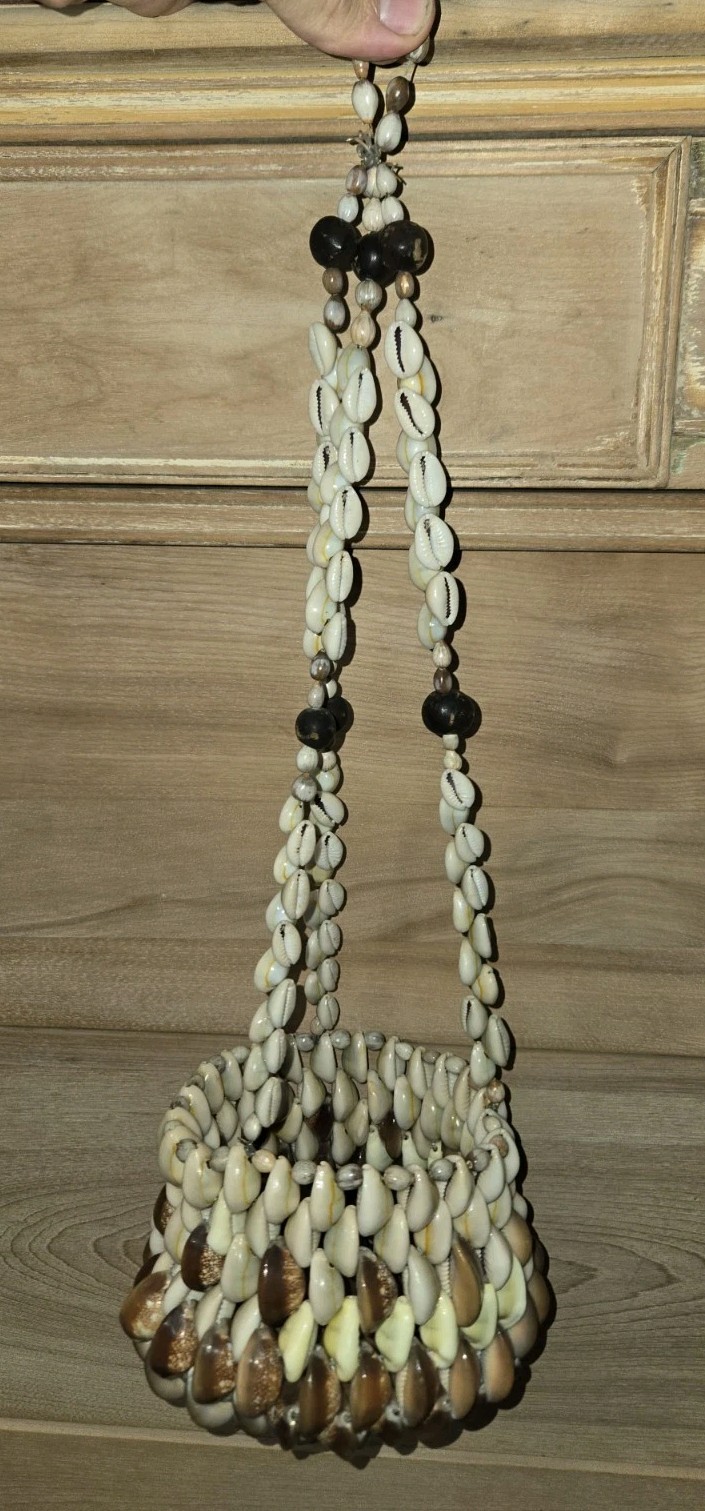 Vintage 70s Cowrie Shell Hanging Macrame Plant Holder Boho Mid Century 18"