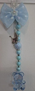 *new*blue boys  pram charm with Blue Beads With blue Bow With silvef pram on it 
