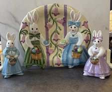 Fitz and Floyd Be Bop Bunnies Easter Plate-Salt & Pepper In Boxes NO CHIPS