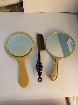 Antique Hot Comb And Two Vintage Handheld Mirror Mirrors