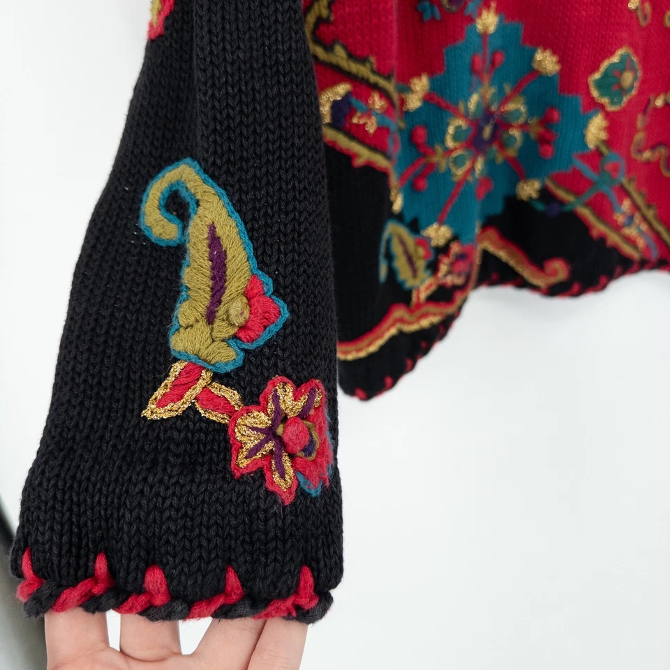 Vintage Michael Simon Red Embroidered Christmas Sweater Large Fringe Holiday 90s - Image 2 of 4