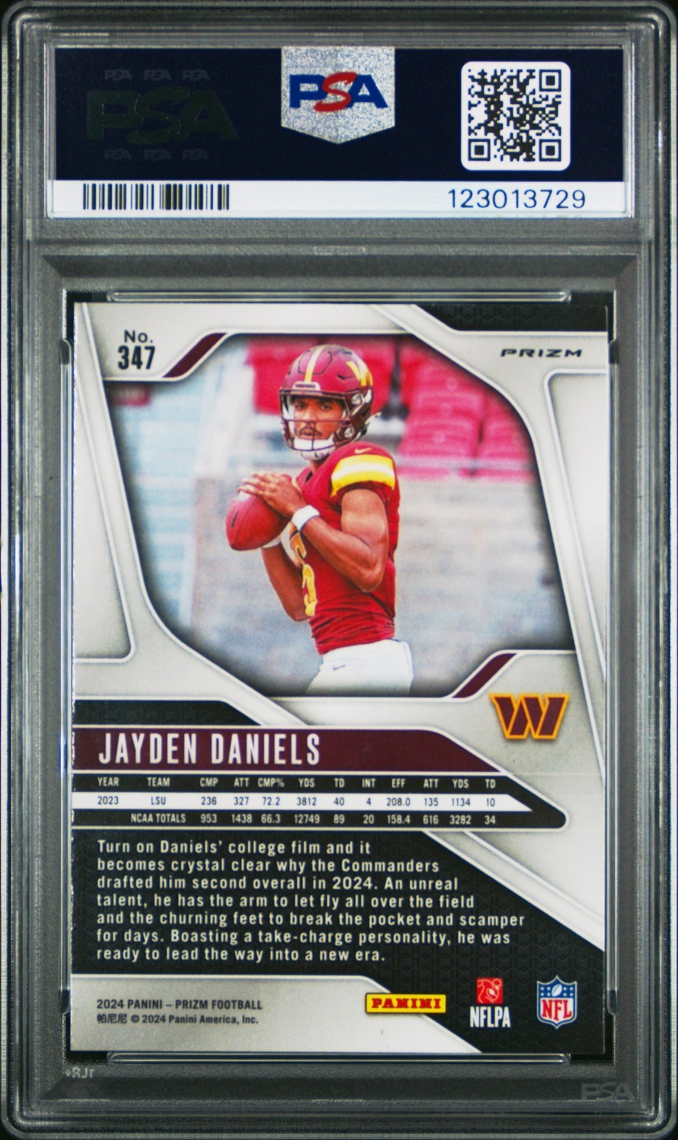 2024 Panini Prizm Football Jayden Daniels #347 RC Red White Blue Prizm PSA 8 view 2