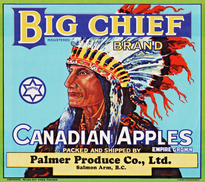 BIG CHIEF Brand 40 lbs Apples Original Fruit Crate Label - Palmer - B.C. Canada
