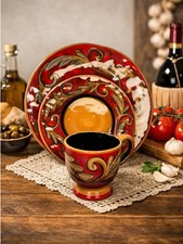 Rare Italian Pottery 3 pc Place Setting Handmade & Painted "Opera Nova"