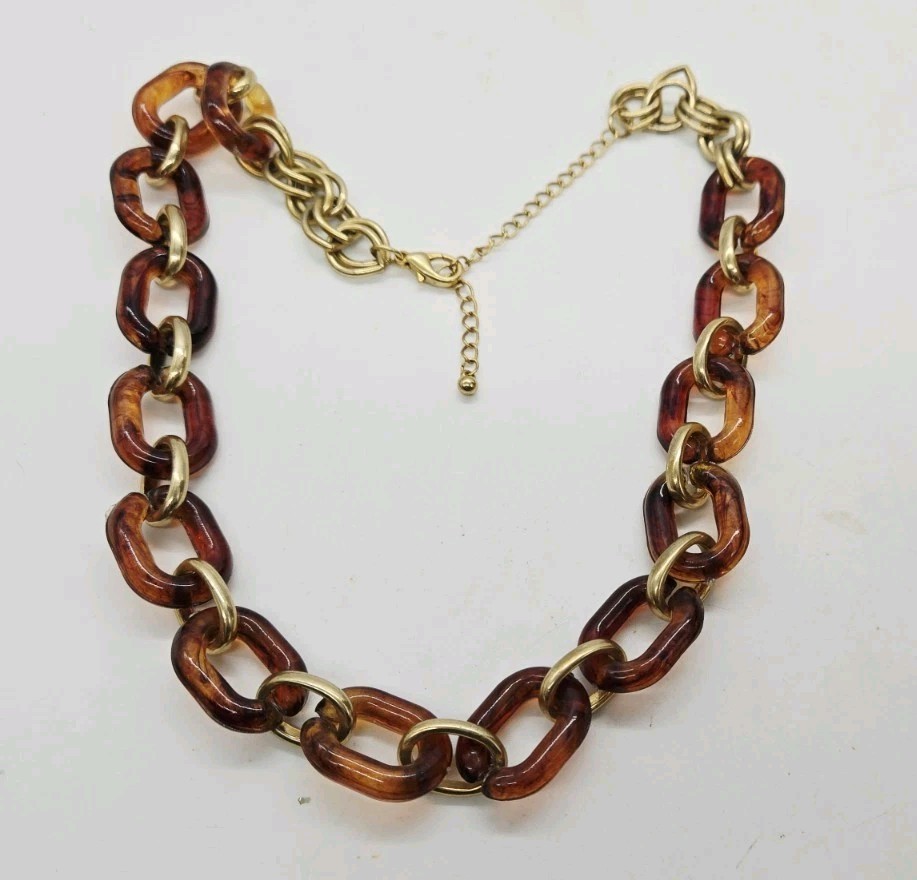 Faux TORTOISE SHELL Necklace Lucite Acrylic Chain Link Rings Gold tone 22 in