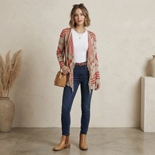 Umgee Boho Tribal Print Open Front Fringe Cardigan, sz Small