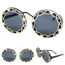 OVERSIZED EXAGGERATED Funky RETRO Style SUN GLASSES Large Round Black Gold Frame