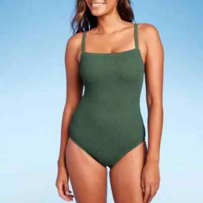 Kona Sol Women's Pucker Textured Square Neck Swimsuit Dark Green Small (4-6)