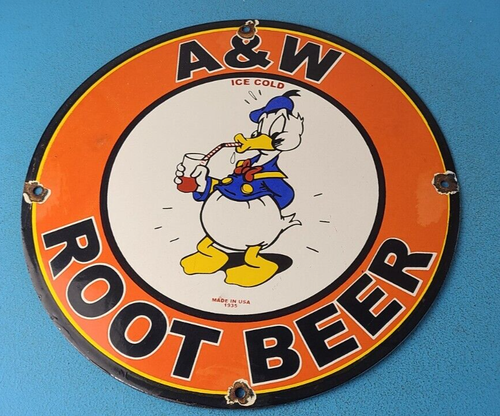 VINTAGE A&W PORCELAIN ROOT BEER BEVERAGE SODA DONALD DUCK GAS PUMP SIGN - Afbeelding 1 van 15