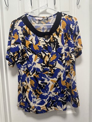 Julipa Short Sleeve Blouse Large Floral Multicolor Bow Collar Teardrop Cut Out