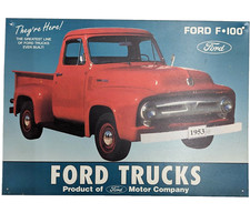Vintage Red Truck Tin Sign 12" x 17" Ford Motor Co. 1953 F-100 Made In The USA
