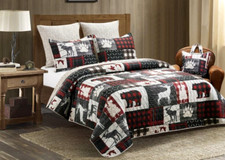 Country Lodge Bear Paw Printed Lightweight Queen Quilt Set W/Tote Woodland Plaid