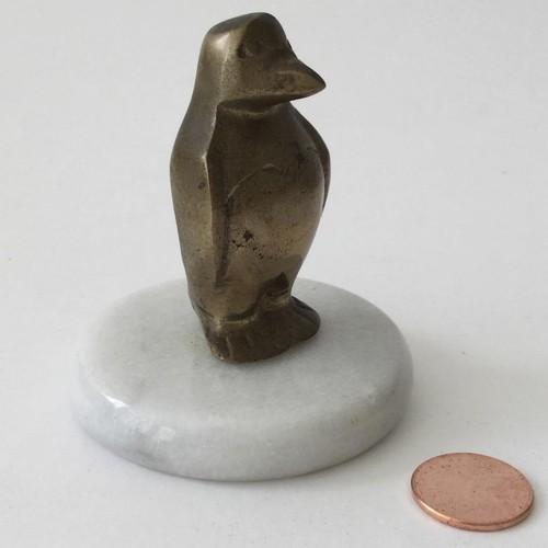 Small Miniature Penguin Metal Brass Figure Paperweight Figurine on Marble Base - Picture 3 of 6