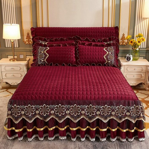 Luxury Winter Crystal Velvet Thicken Quilted Bedspread Flannel Bed Skirt - Picture 26 of 26
