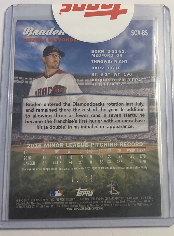 2017 Topps Rookie Stadium Club autógrafo Braden Shipley autografado RC 5/25 SP raro A - Imagem 2 de 2