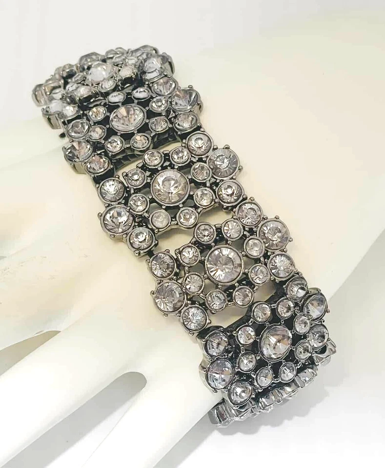 VTG Sparkling Rhinestones Smoky Grey Stretch Bracelet Art Deco Style Runway 7.5" - Image 4 of 4