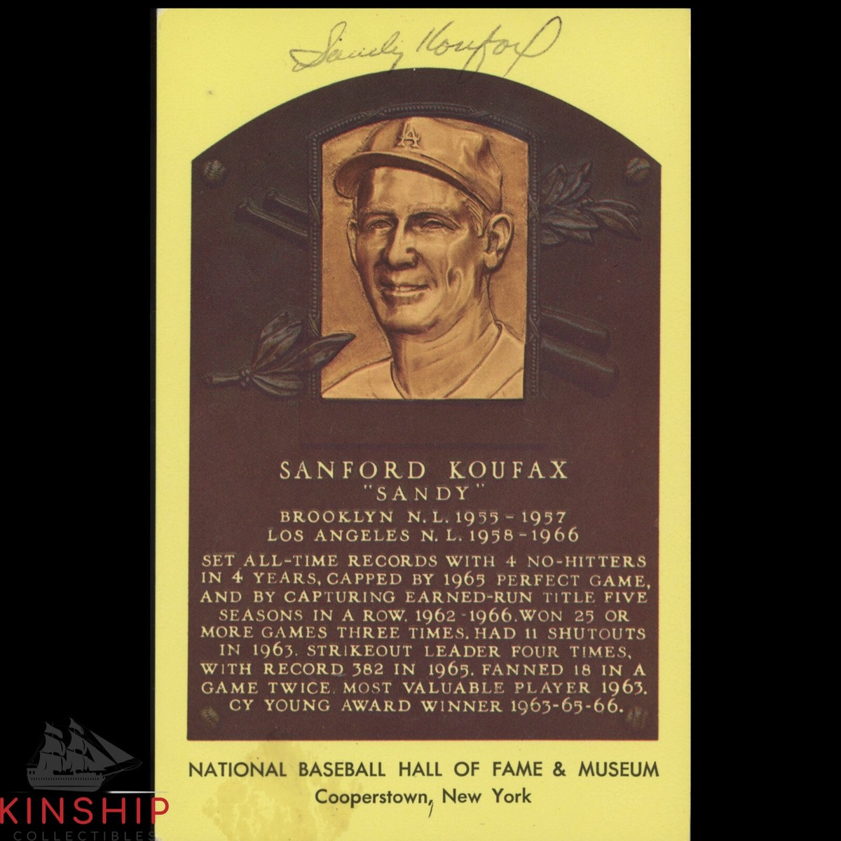 Sandy Koufax signed Yellow HOF Plaque JSA COA Dodgers Baseball