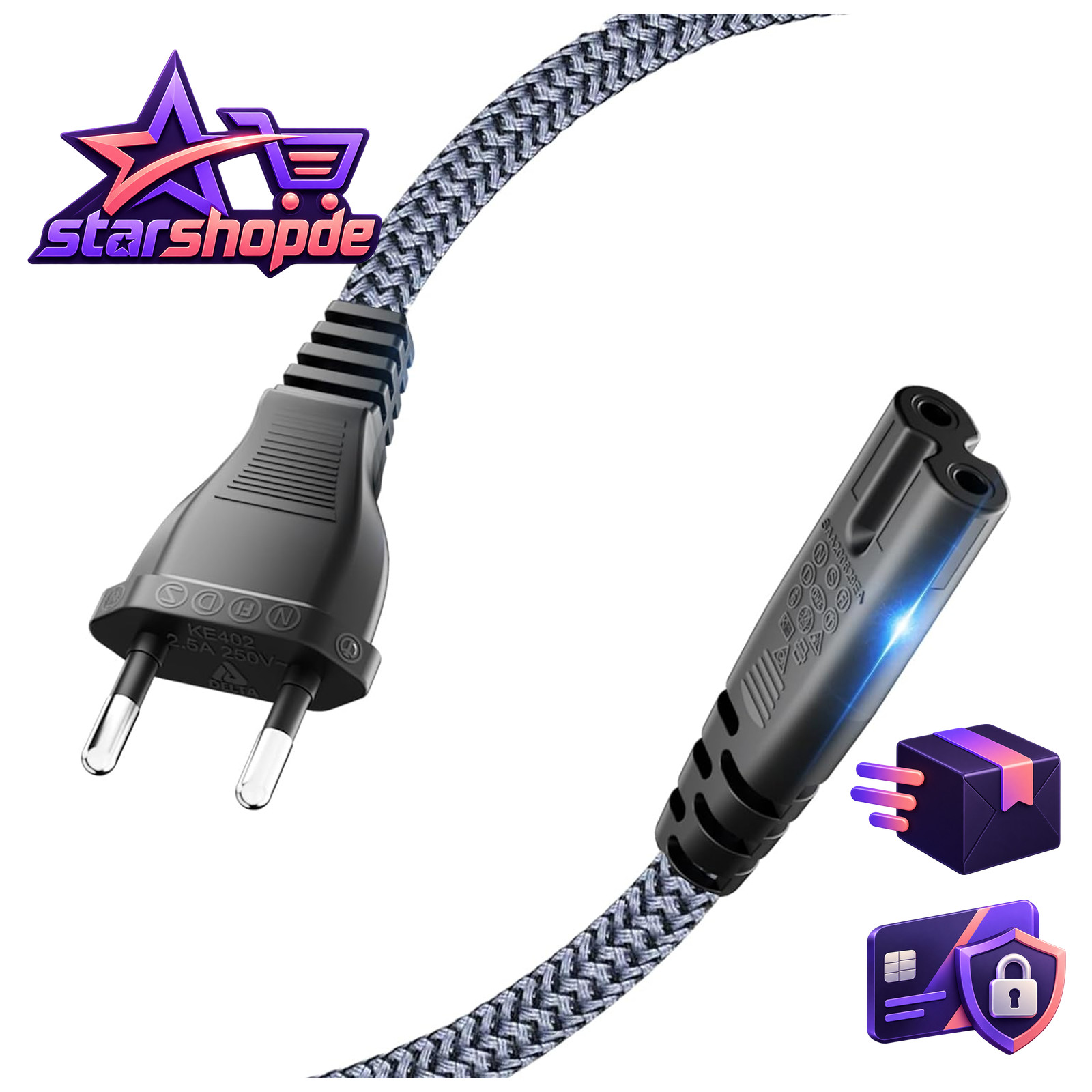 Stromkabel Typ C Eurostecker auf C7 Buchse 0,3m Nylon 2-polig Schuko