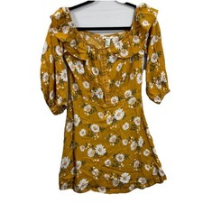 Forever21 Floral Print Mustard Yellow offshoulder puff sleeve mini sundress Sz S