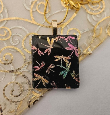 Handcrafted Dragonfly Multicolor Fused Dichroic Glass Necklace/Gold plated
