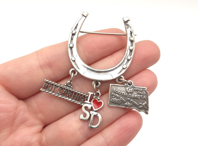 #ad Vintage Sterling Silver South Dakota Horseshoe State Charms Enamel Brooch Pin $35.00