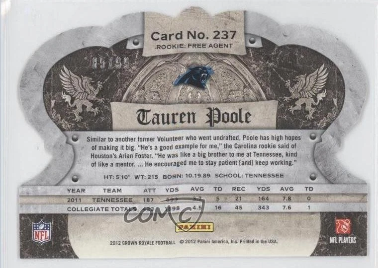 2012 Crown Royale Holo Gold /99 Tauren Poole #237 Rookie RC - Image 2 of 2