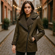 Sam Edelman Olive Faux Shearling Hooded Coat Jacket XS Asymmetrical Moto Style