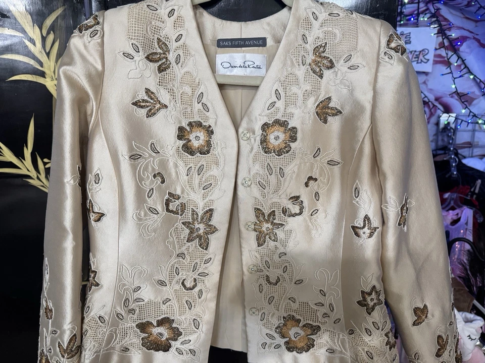 Vintage Oscar De La Renta champagne embroidered women Jacket size US S - Image 2 of 4