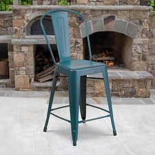 4pc Bar Stools Distressed Metal Indoor Outdoor Kelly Blue Counter High Stool