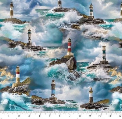 Cotton Coastal Guardians Lighthouse Ocean Nautical Fabric Print by Yard D387.53