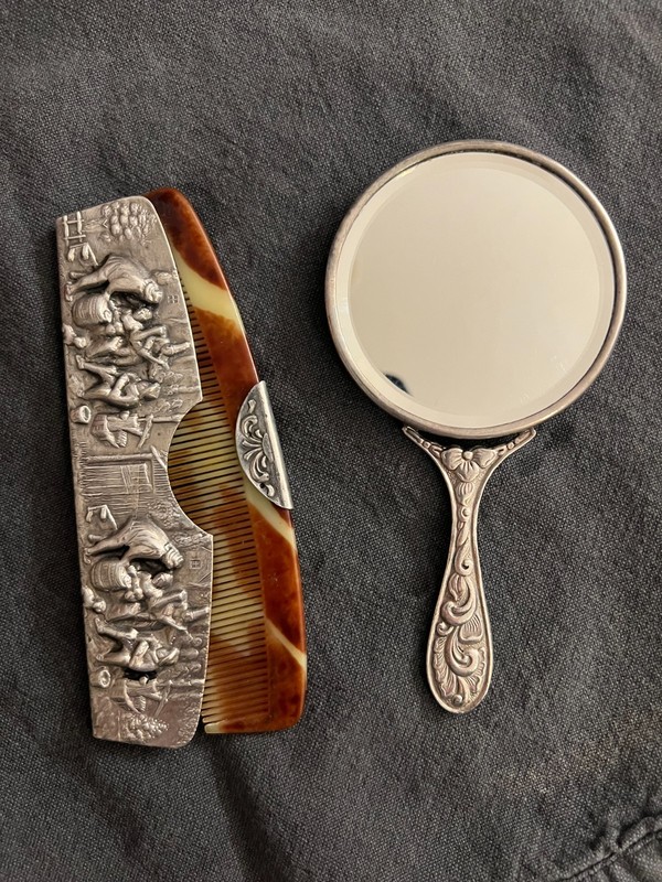 Hans Jensen Silver Plated hideaway comb and mirror set, 5", very good condition