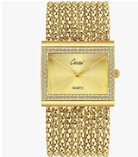 Womens Luxury Full Rhinestone Square Bangle Watch Quartz Party Dress Wrist Watch